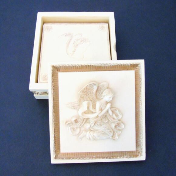 Angelic Coasters In Trinket Box In 3-D Praying Angel Lid Resin Box Set 4 - Picture 2 of 7
